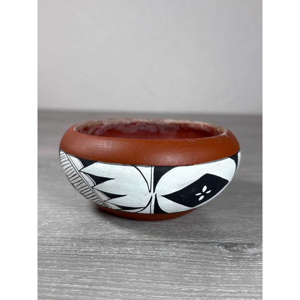 M Olvera Signed Hand Painted Terracotta Pottery Bowl Black White Geometric 2x3.5